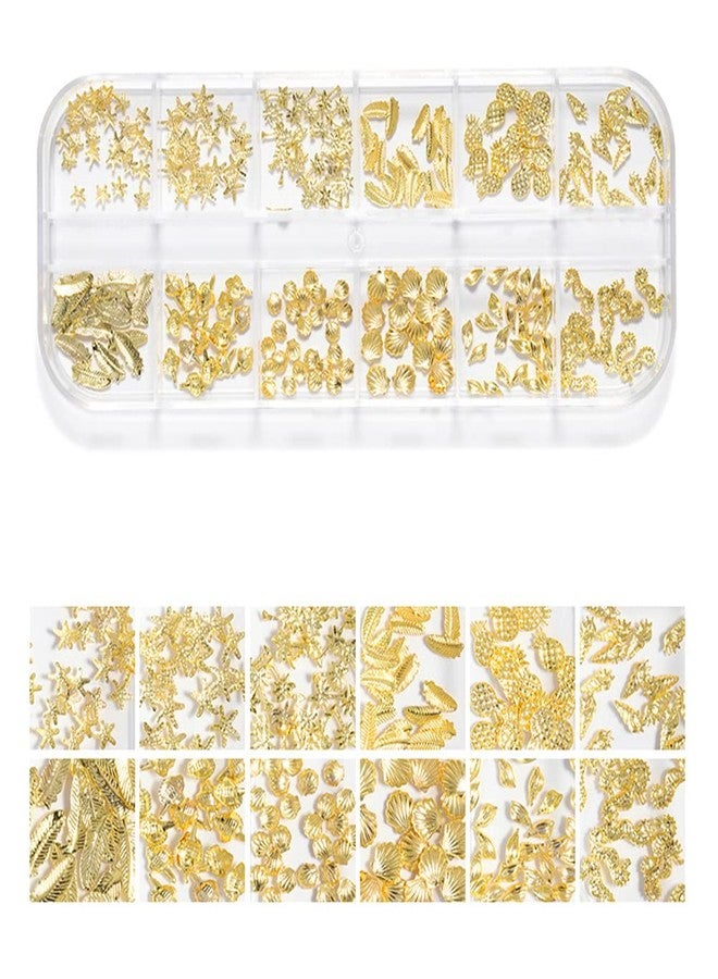 WEILUSI 3D Gold Nail Studs Shell Metal Nail Art Charms Sparkle Mix Shapes Seashell Star Jewels Pineapple Feathers Rivet Design Nail Charms for Women Summer DIY Crafts Manicure Decorations - Image 2